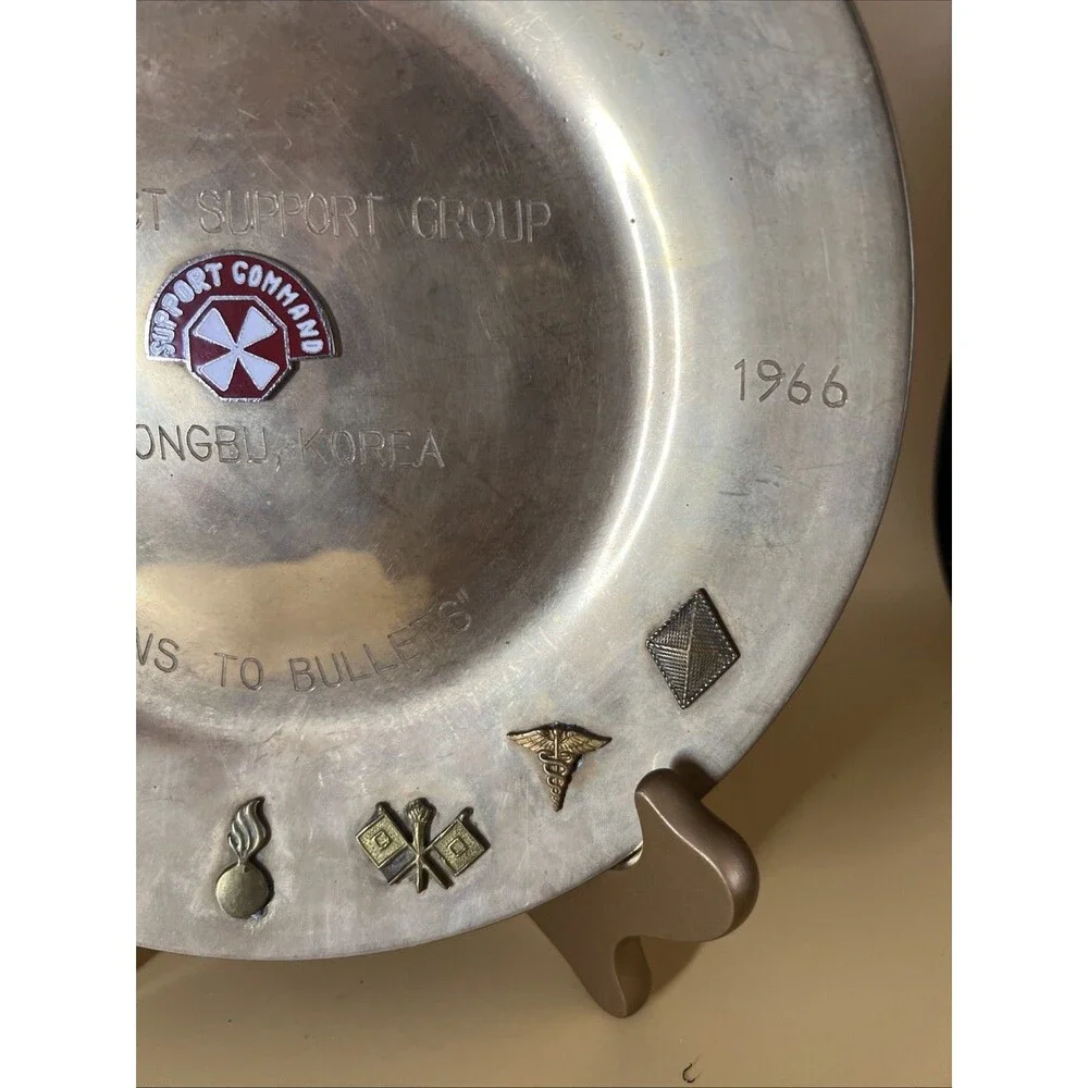 Vintage US Army Military Brass Tray with 7 Emblems- Support Command Korea 8.75